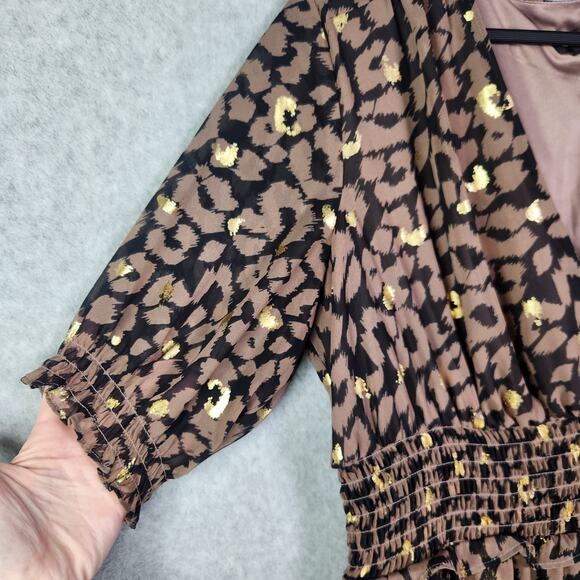 Express Smocked Waist Hi-Lo Cheetah Dress L Ruffles V Neck Wedding Guest Chiffon - Picture 5 of 16